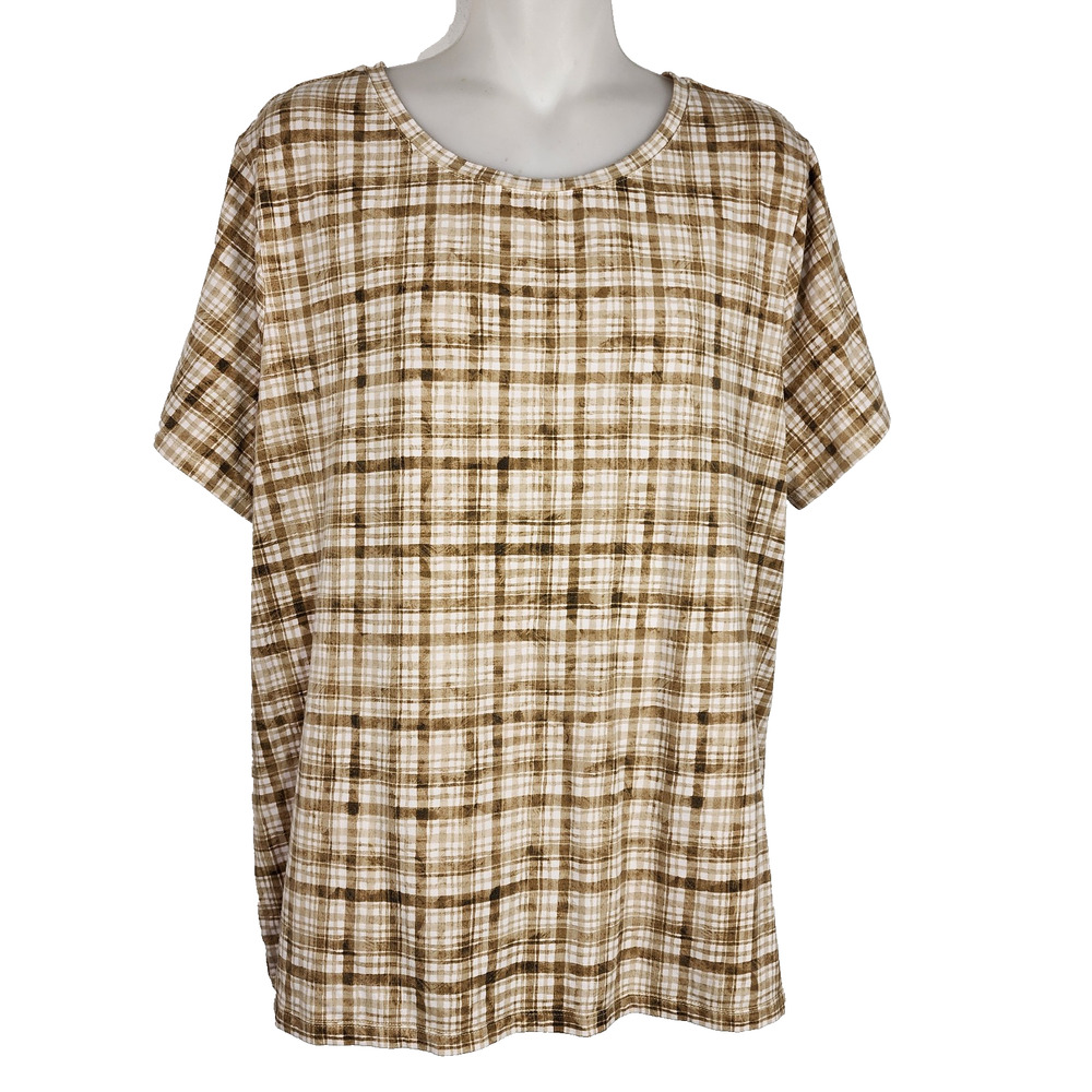 Isaac Mizrahi Live! Women's Top 1X A-la-Modal Printed Short Sleeve Neutral Plaid